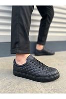 JY166 Prestige Bağcıklı Cilt Kapitone Desenli Erkek Günlük Sneaker Ayakkabı CST - Siyah